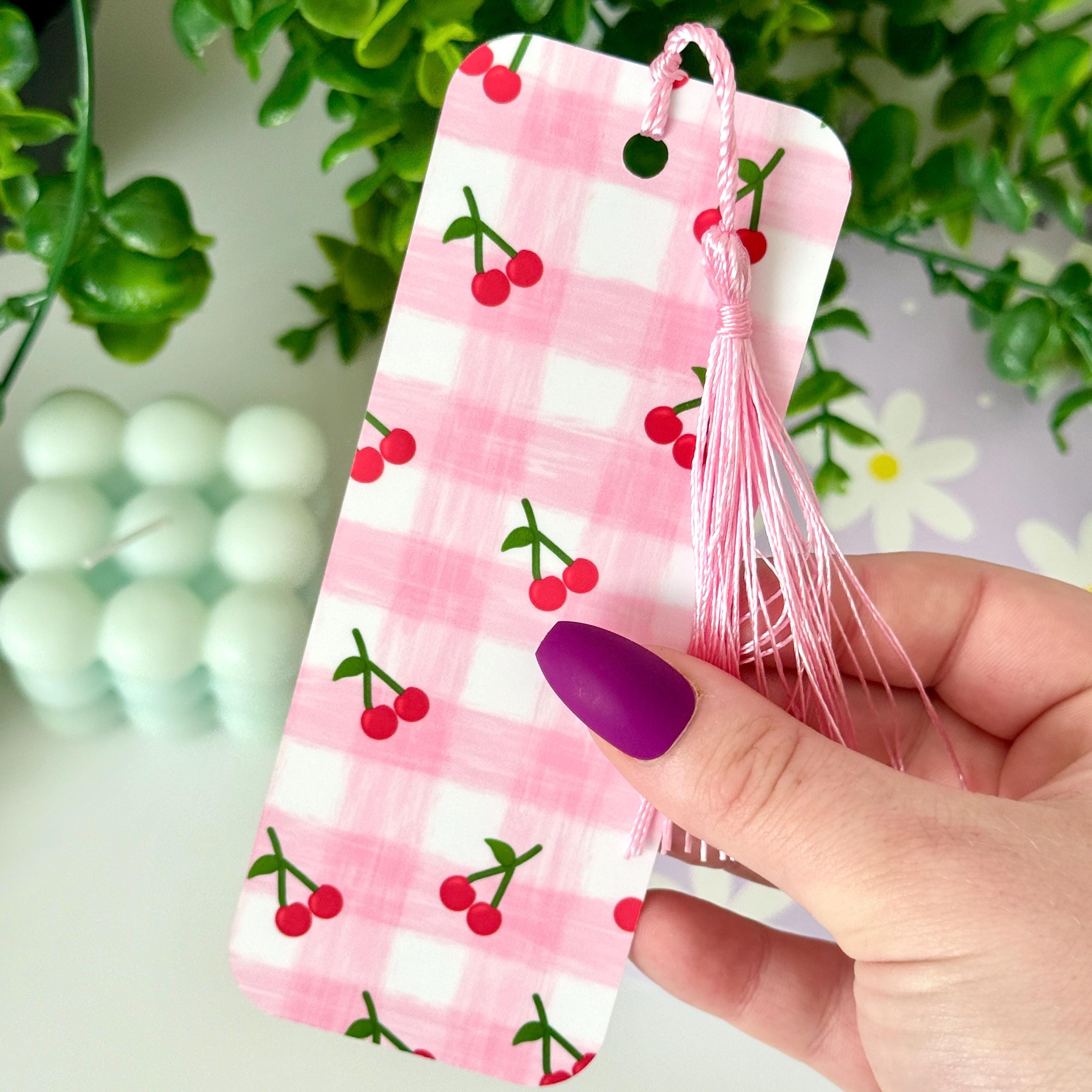 Cherry Matte Bookmark with Pink Tassel