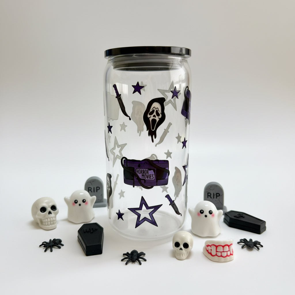 Horror Movies Glass Libbey 16oz Tumbler with black acrylic lid and Glass Straw