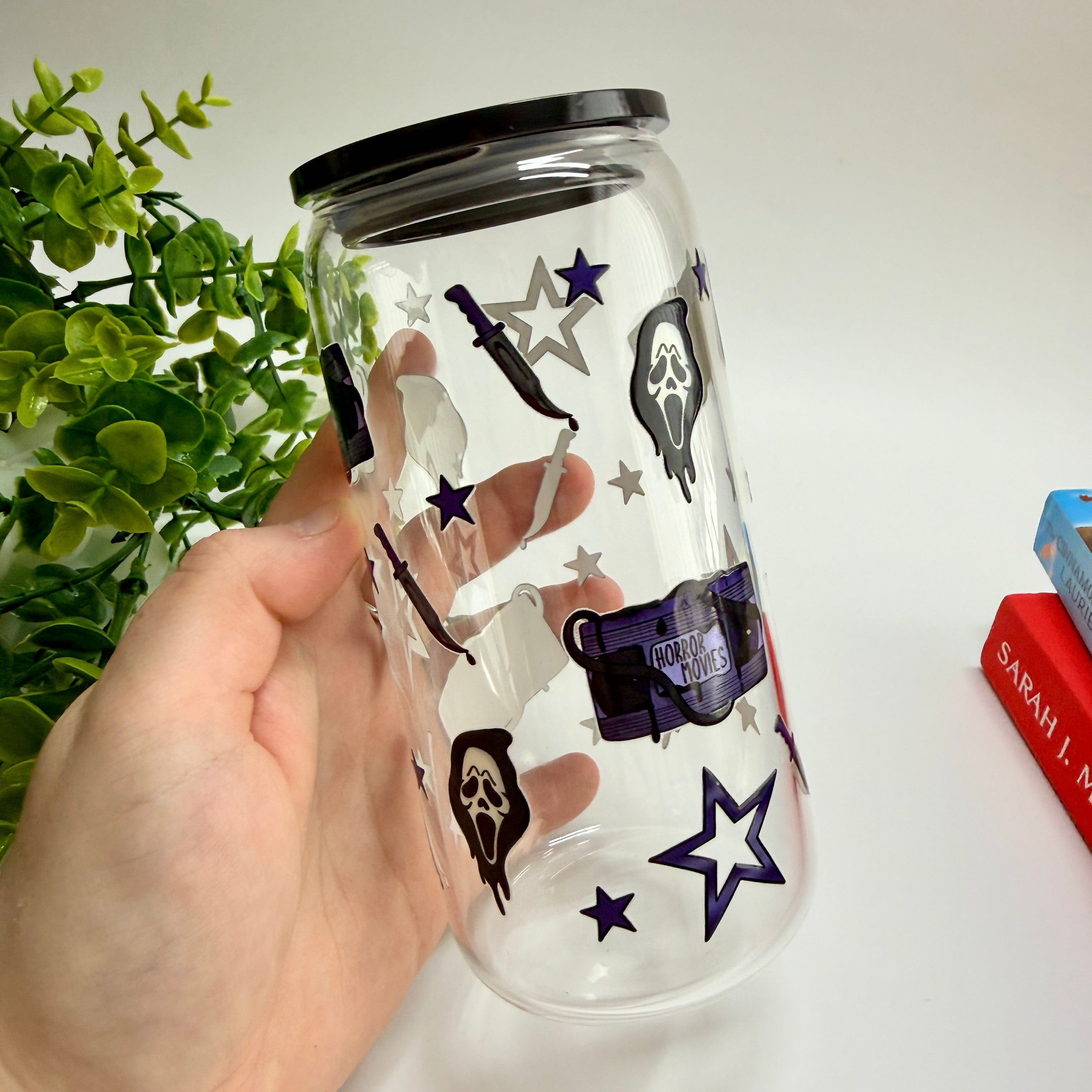 Horror Movies Glass Libbey 16oz Tumbler with black acrylic lid and Glass Straw