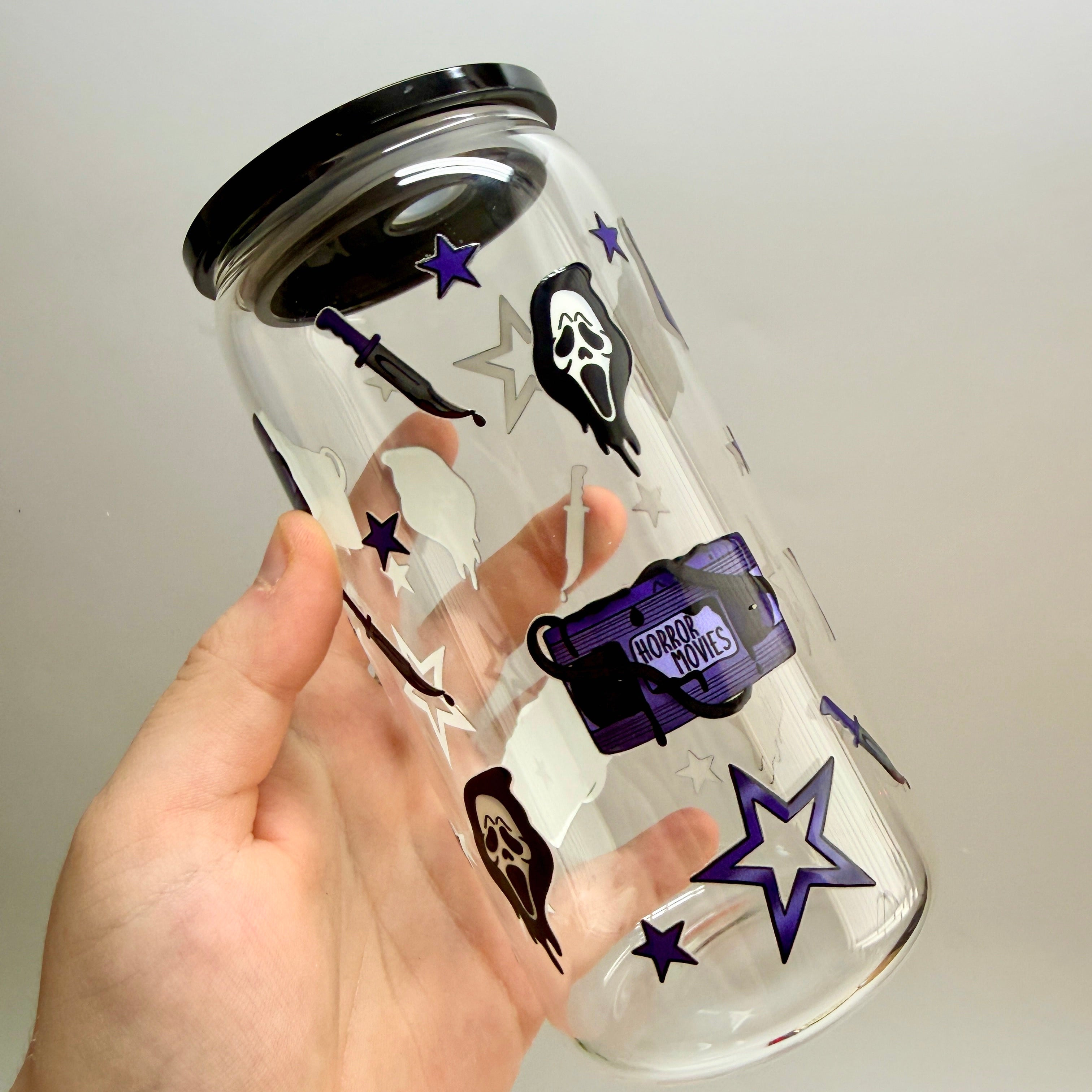 Horror Movies Glass Libbey 16oz Tumbler with black acrylic lid and Glass Straw