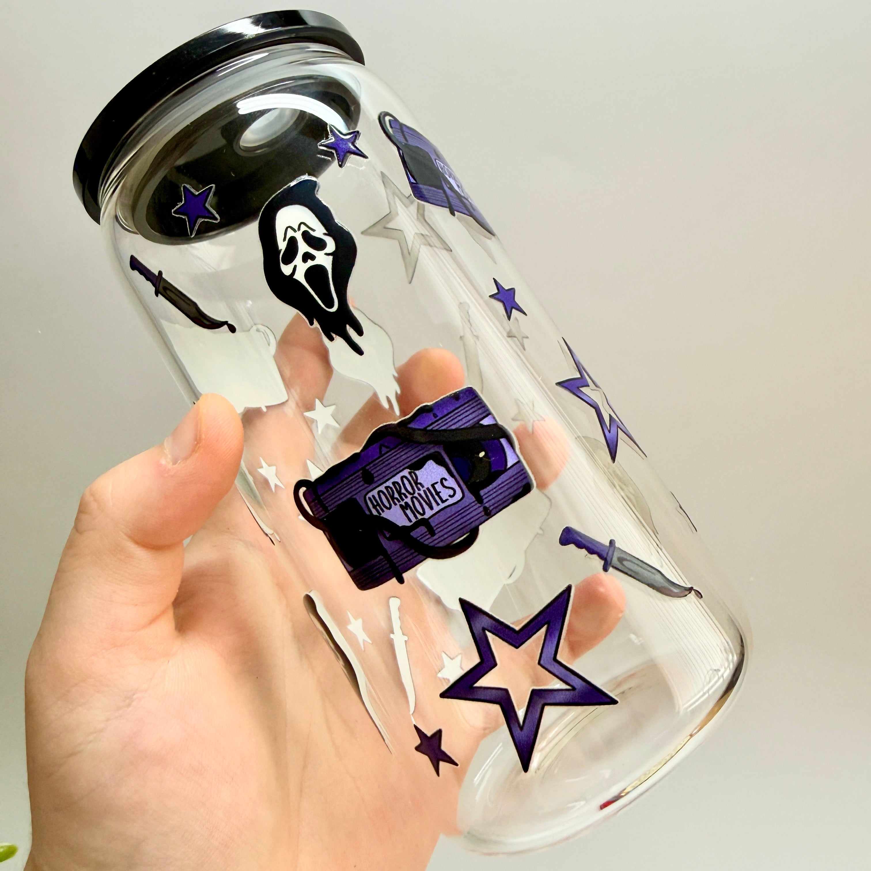 Horror Movies Glass Libbey 16oz Tumbler with black acrylic lid and Glass Straw