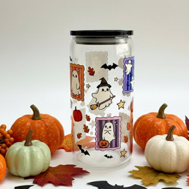 Ghosty Autumn Glass Libbey 16oz Tumbler with lid and Glass Straw