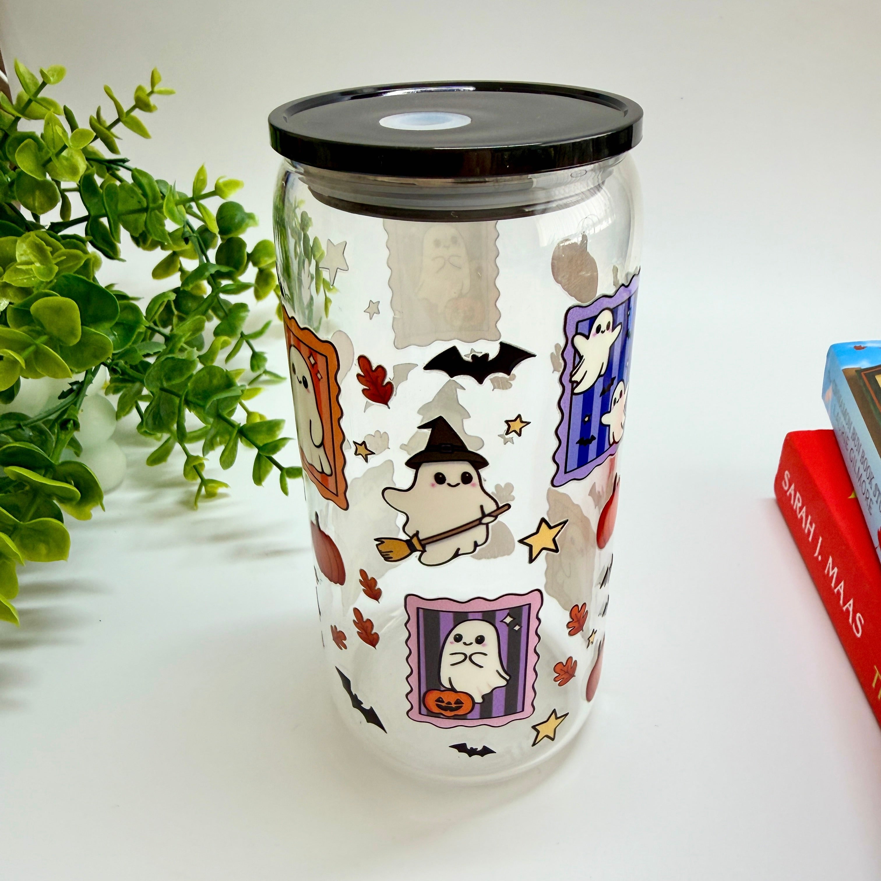 Ghosty Autumn Glass Libbey 16oz Tumbler with lid and Glass Straw