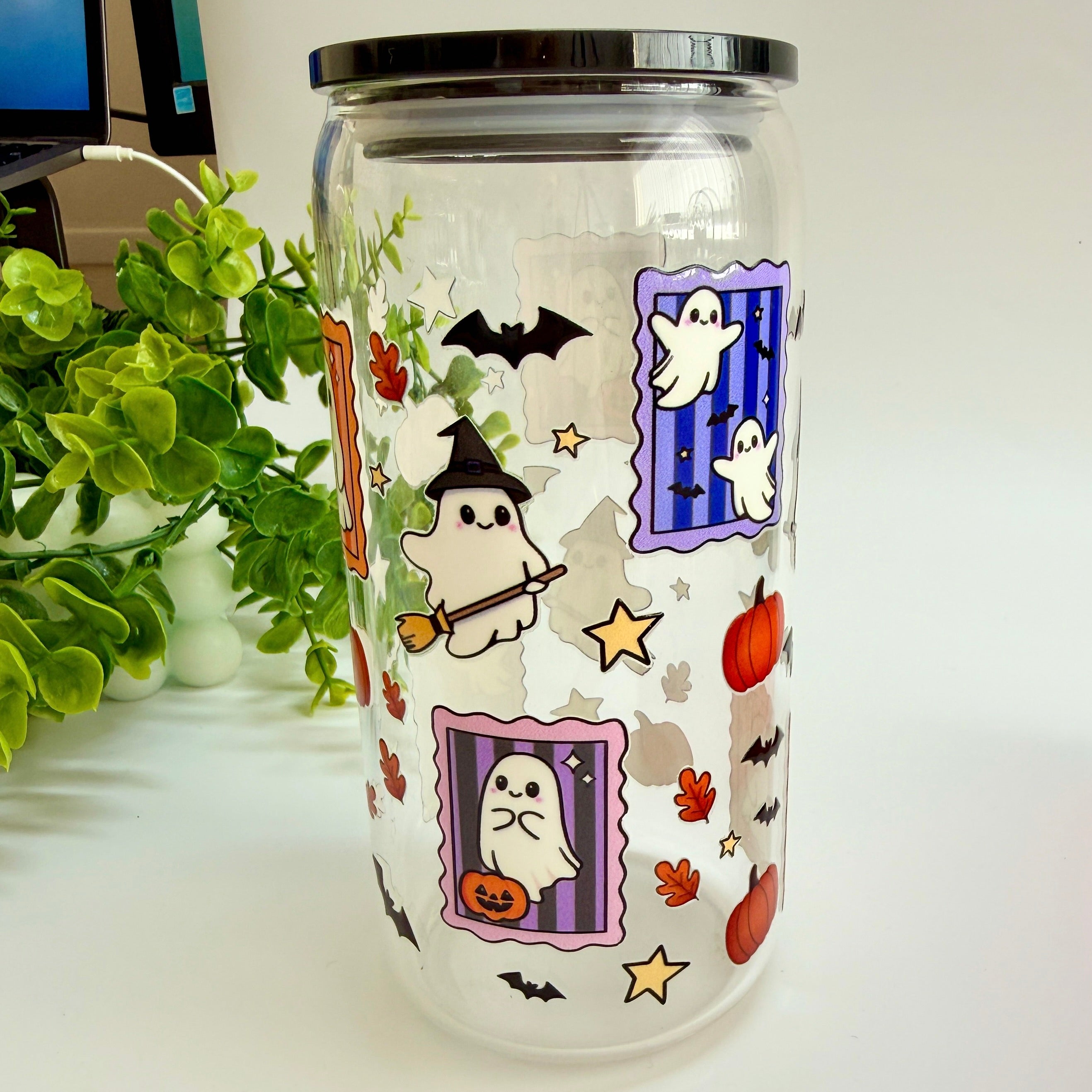Ghosty Autumn Glass Libbey 16oz Tumbler with lid and Glass Straw