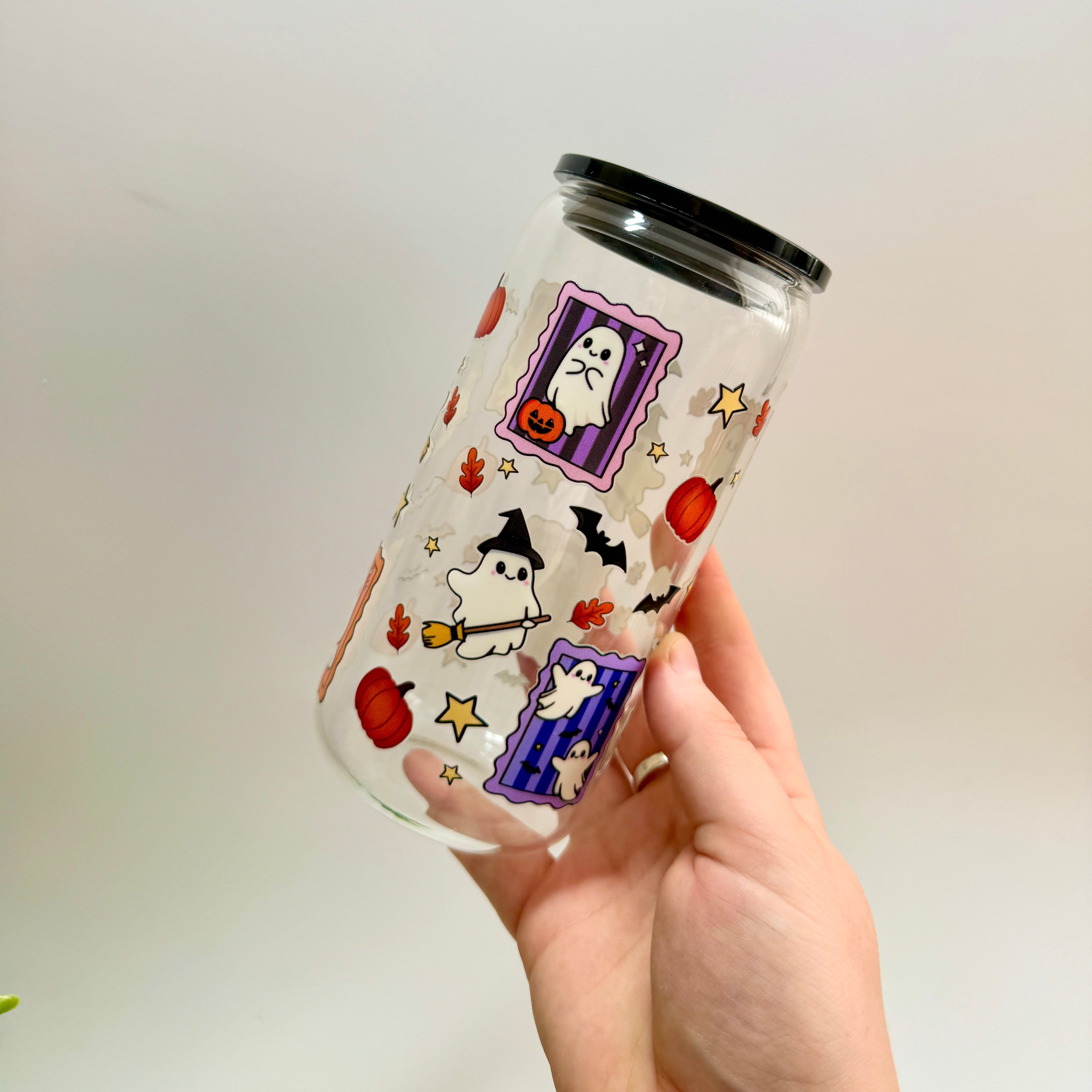 Ghosty Autumn Glass Libbey 16oz Tumbler with lid and Glass Straw