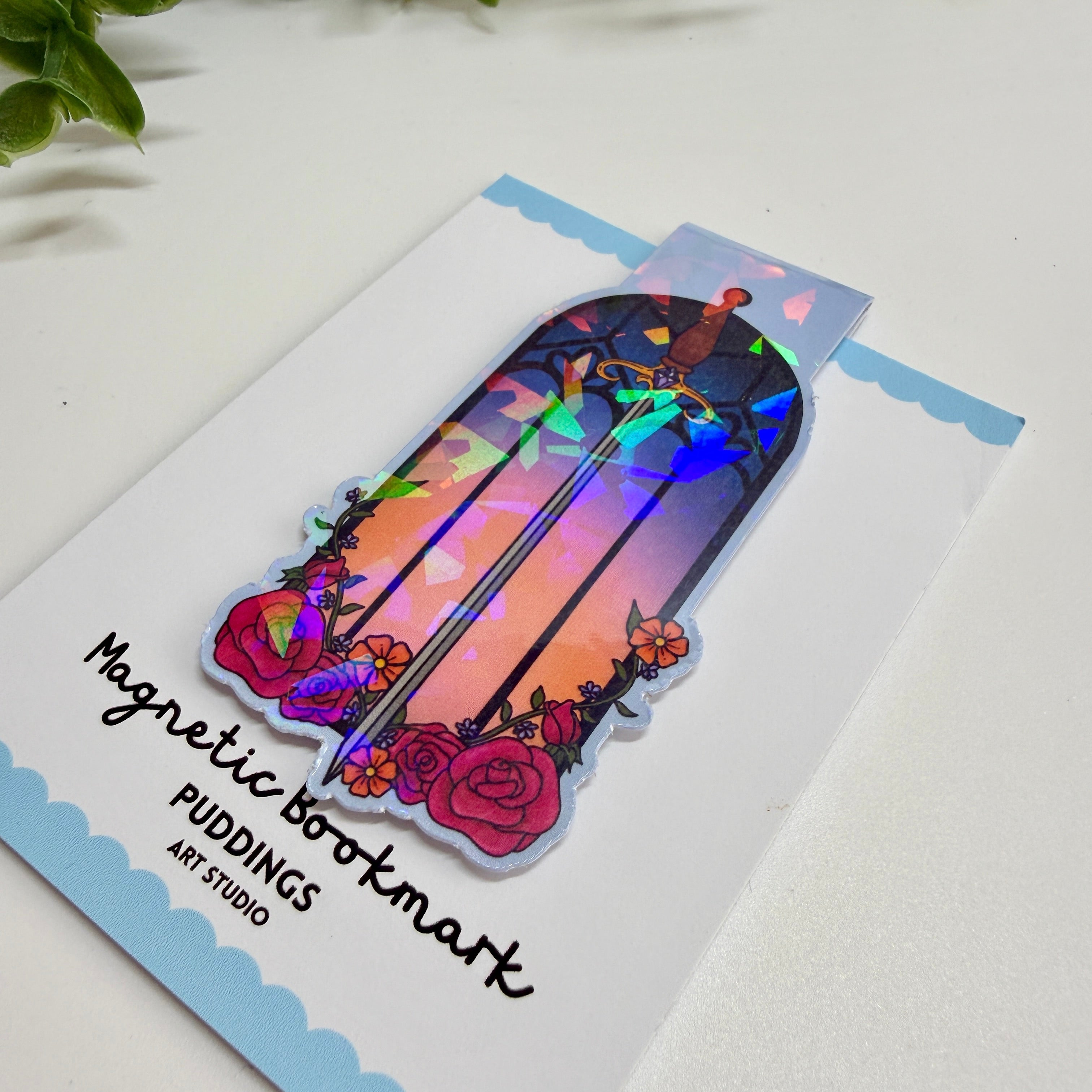 Floral Sword & Glass Window Holographic Laminated Magnetic Bookmark