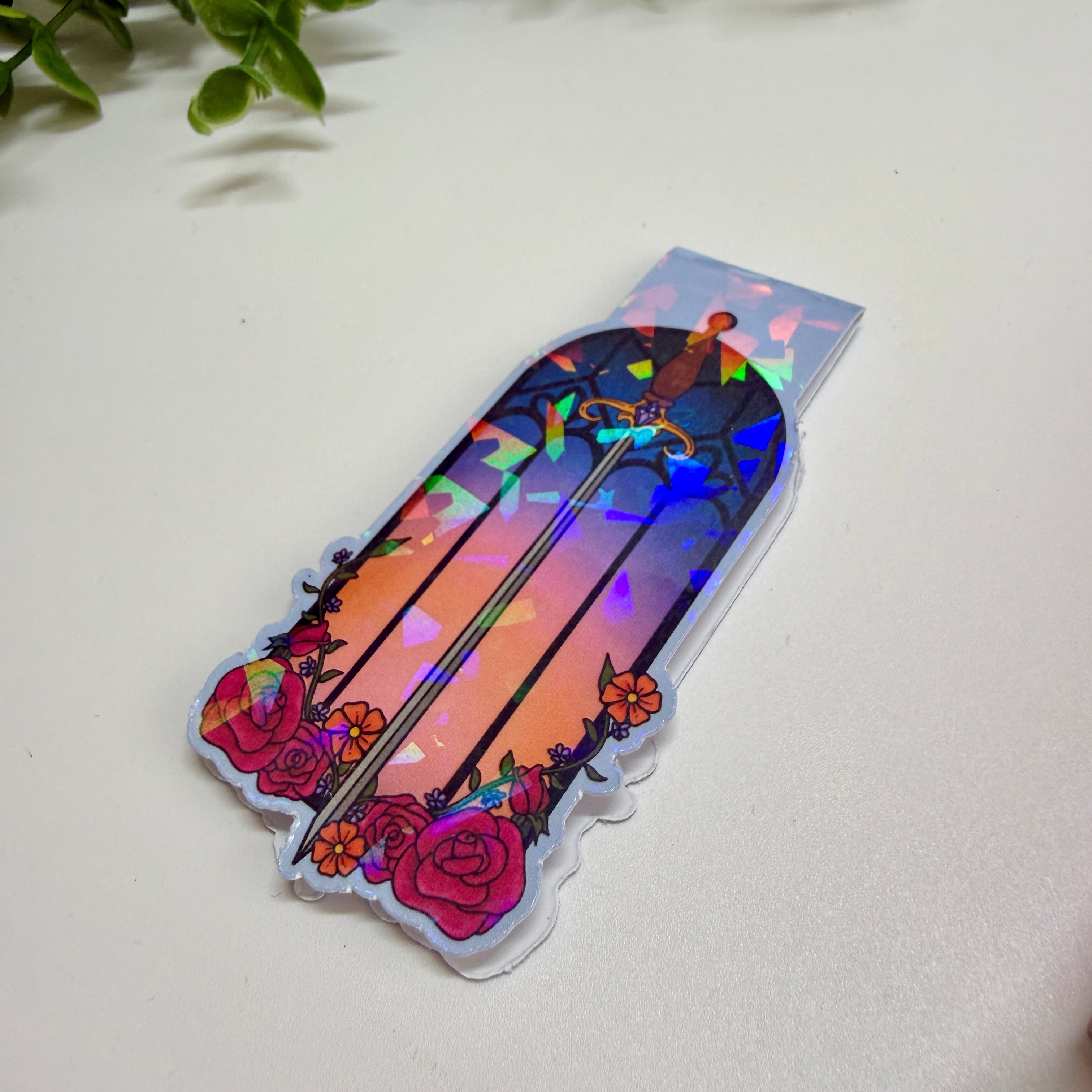 Floral Sword & Glass Window Holographic Laminated Magnetic Bookmark