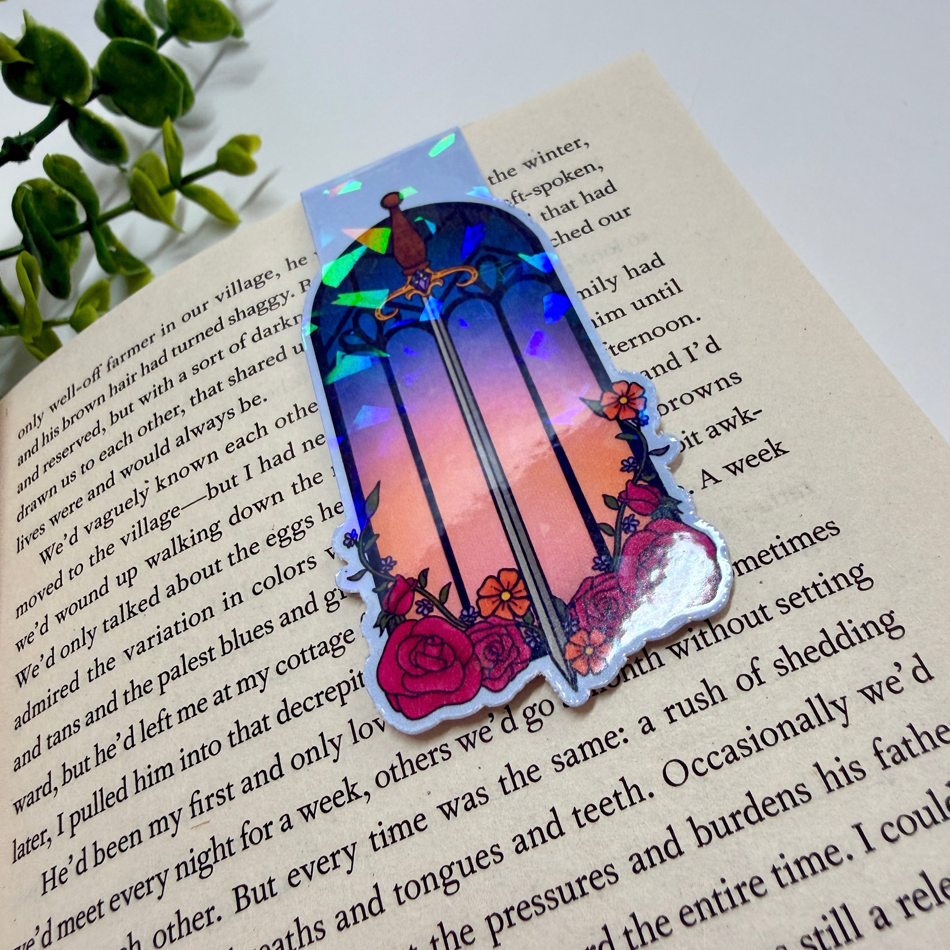 Floral Sword & Glass Window Holographic Laminated Magnetic Bookmark