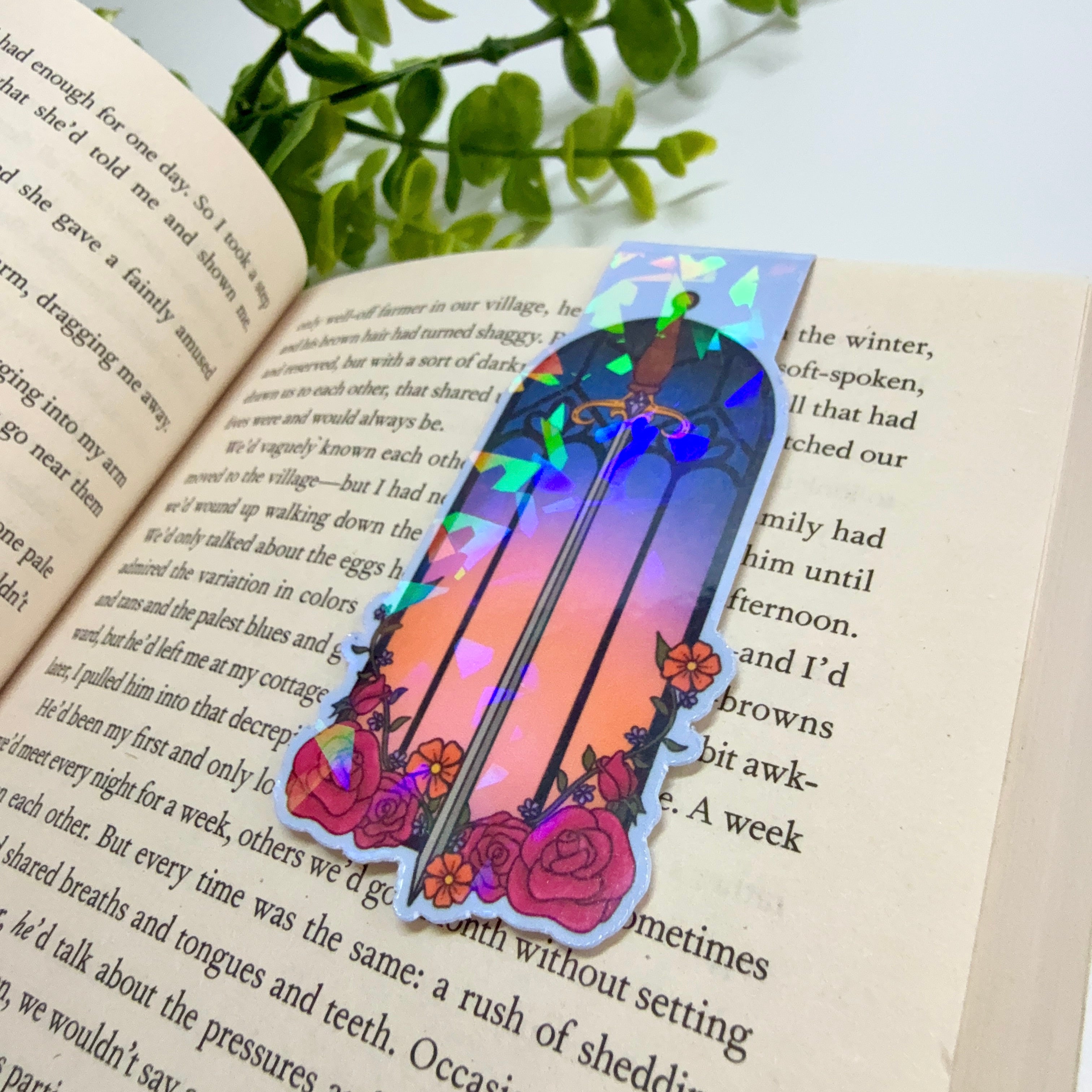 Floral Sword & Glass Window Holographic Laminated Magnetic Bookmark