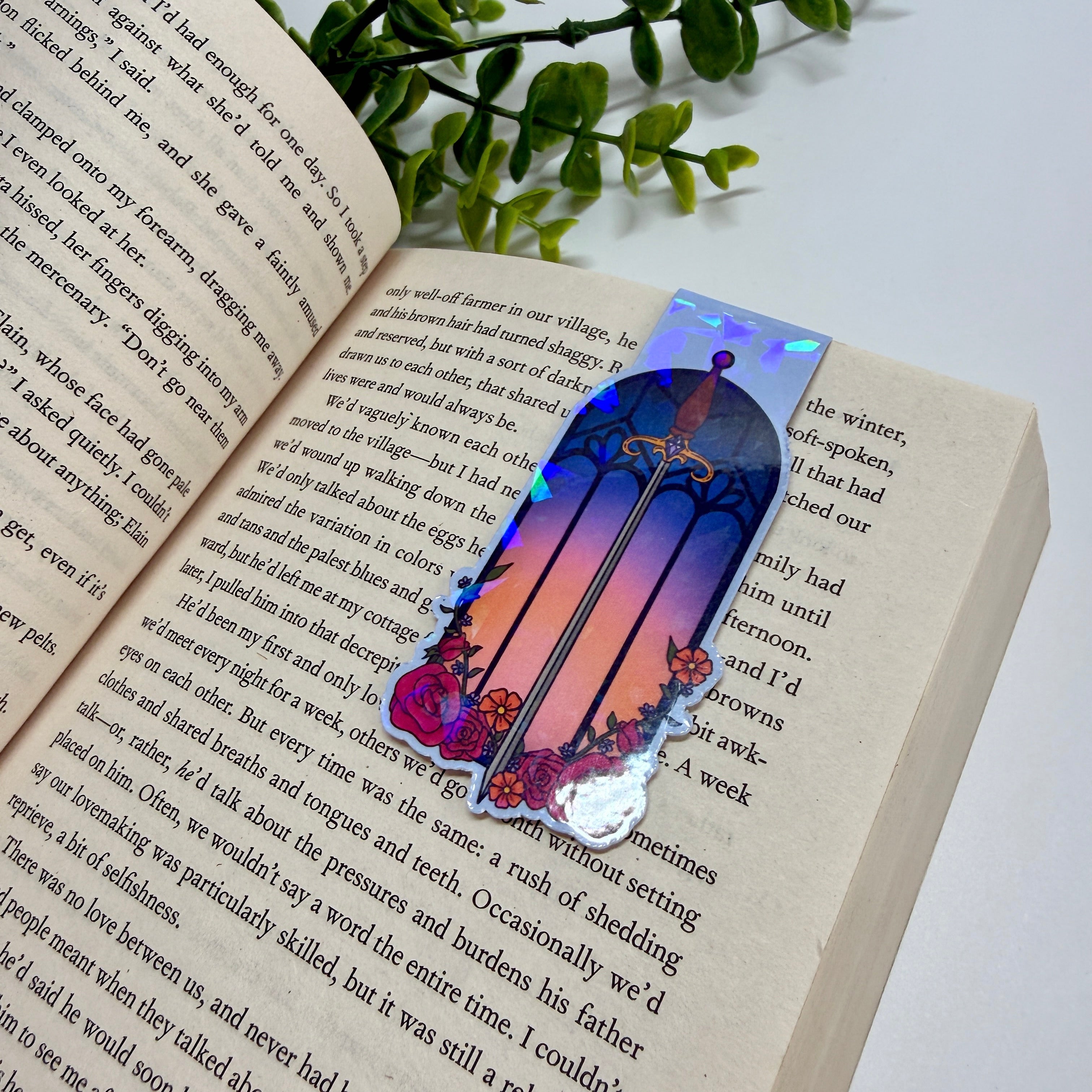 Floral Sword & Glass Window Holographic Laminated Magnetic Bookmark