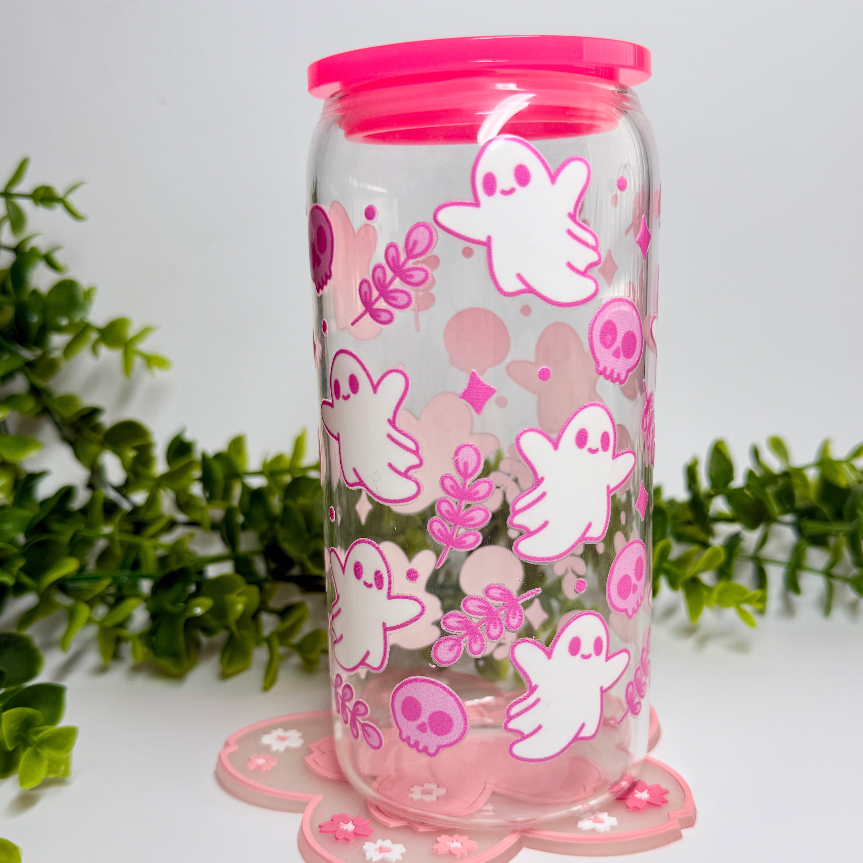 Cute Pink Ghosty Libbey 16oz Tumbler with lid and Glass Straw