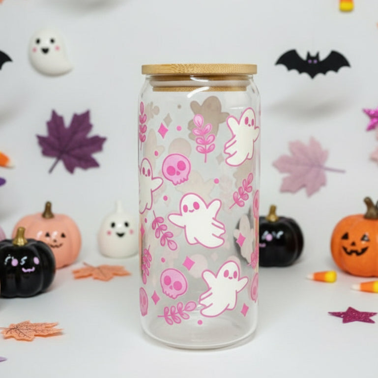 Cute Pink Ghosty Libbey 16oz Tumbler with lid and Glass Straw