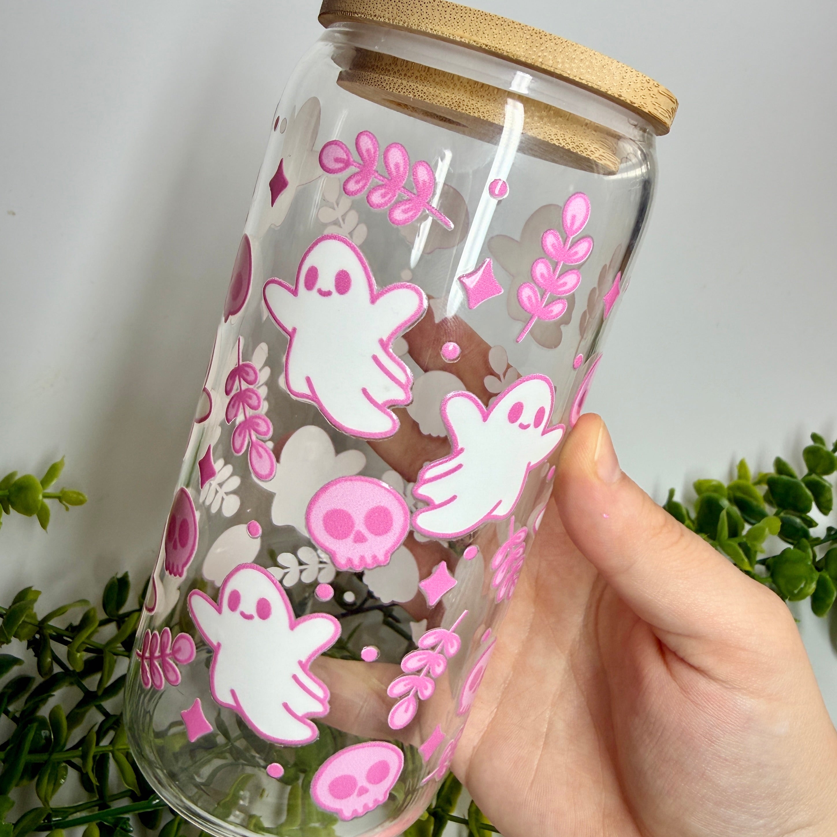 Cute Pink Ghosty Libbey 16oz Tumbler with lid and Glass Straw