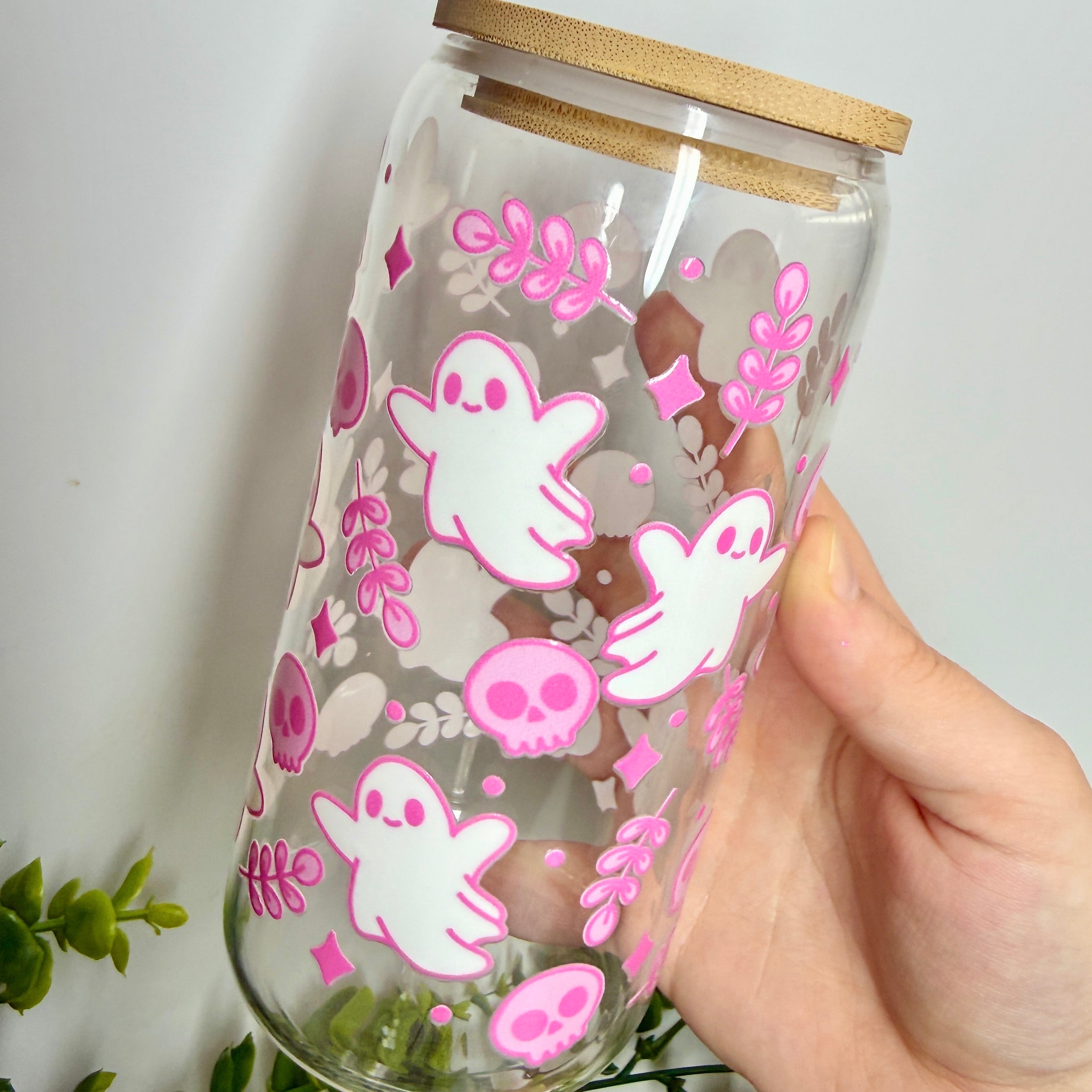 Cute Pink Ghosty Libbey 16oz Tumbler with lid and Glass Straw