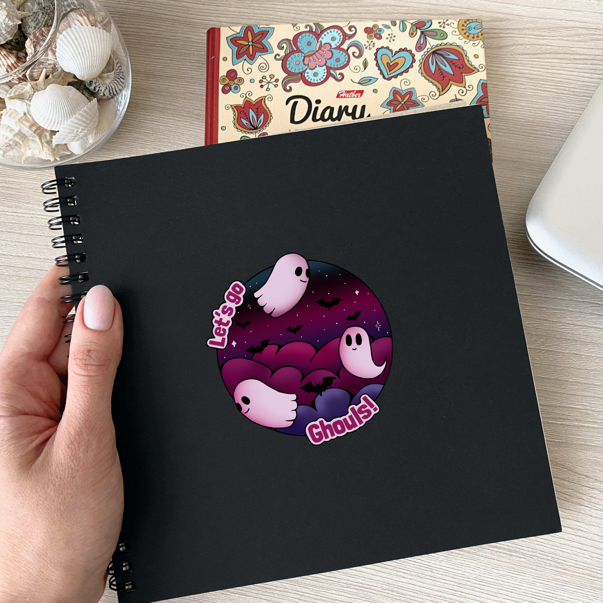 Spooky 'Let's go Ghouls' Ghost & Bats Sticker