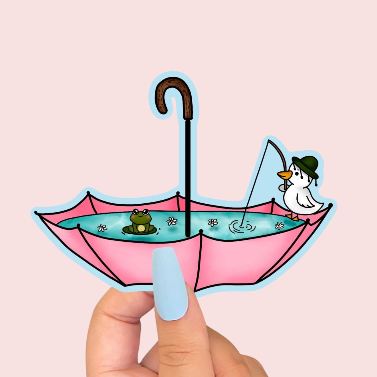 Cute Fishing Duck, Umbrella Vinyl Sticker