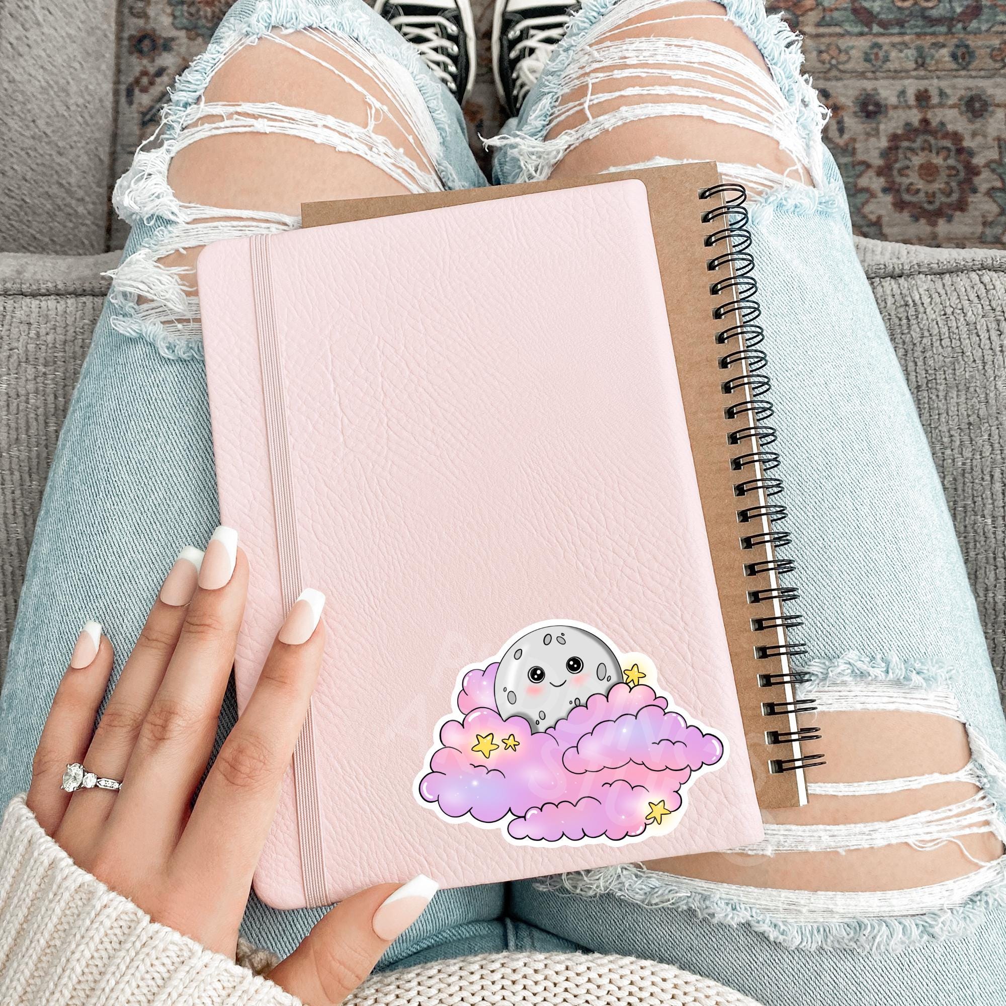 Cute, Pink Clouds & Moon Sticker